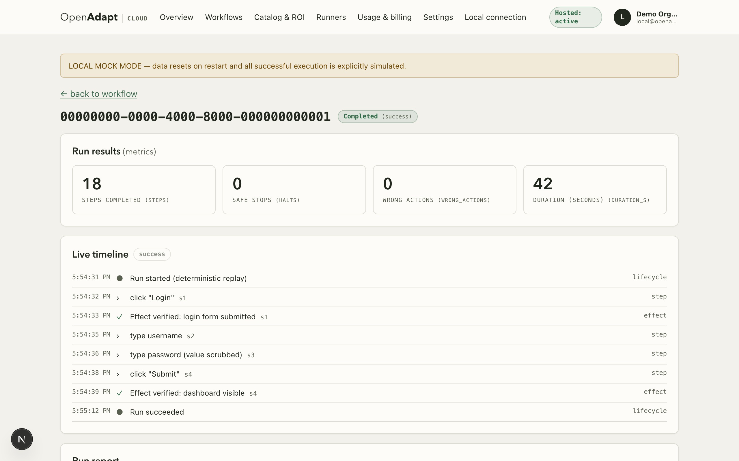 OpenAdapt Cloud run detail: per-step metrics and a verified-effect timeline in the hosted dashboard.