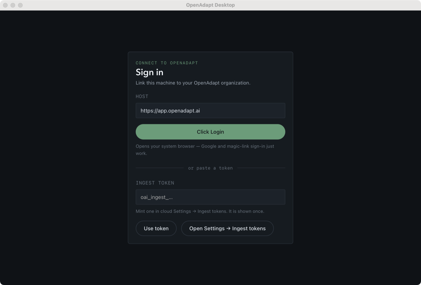 OpenAdapt Desktop sign-in surface with a host field, a browser sign-in option, and an ingest-token paste option.