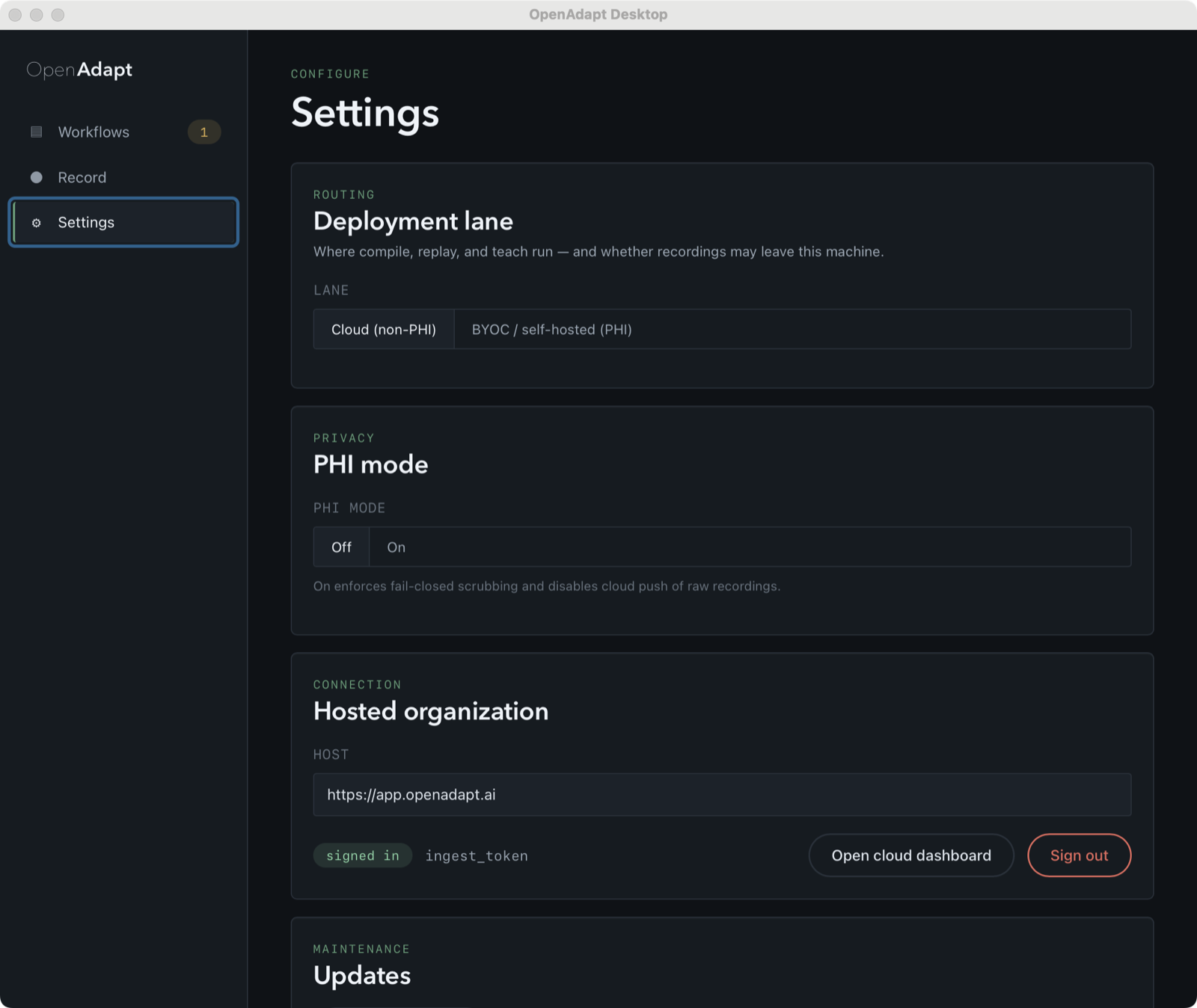 OpenAdapt Desktop settings: deployment lane (Cloud non-PHI vs BYOC self-hosted PHI), PHI mode, and a hosted-organization connection to https://app.openadapt.ai with a signed-in ingest-token session.