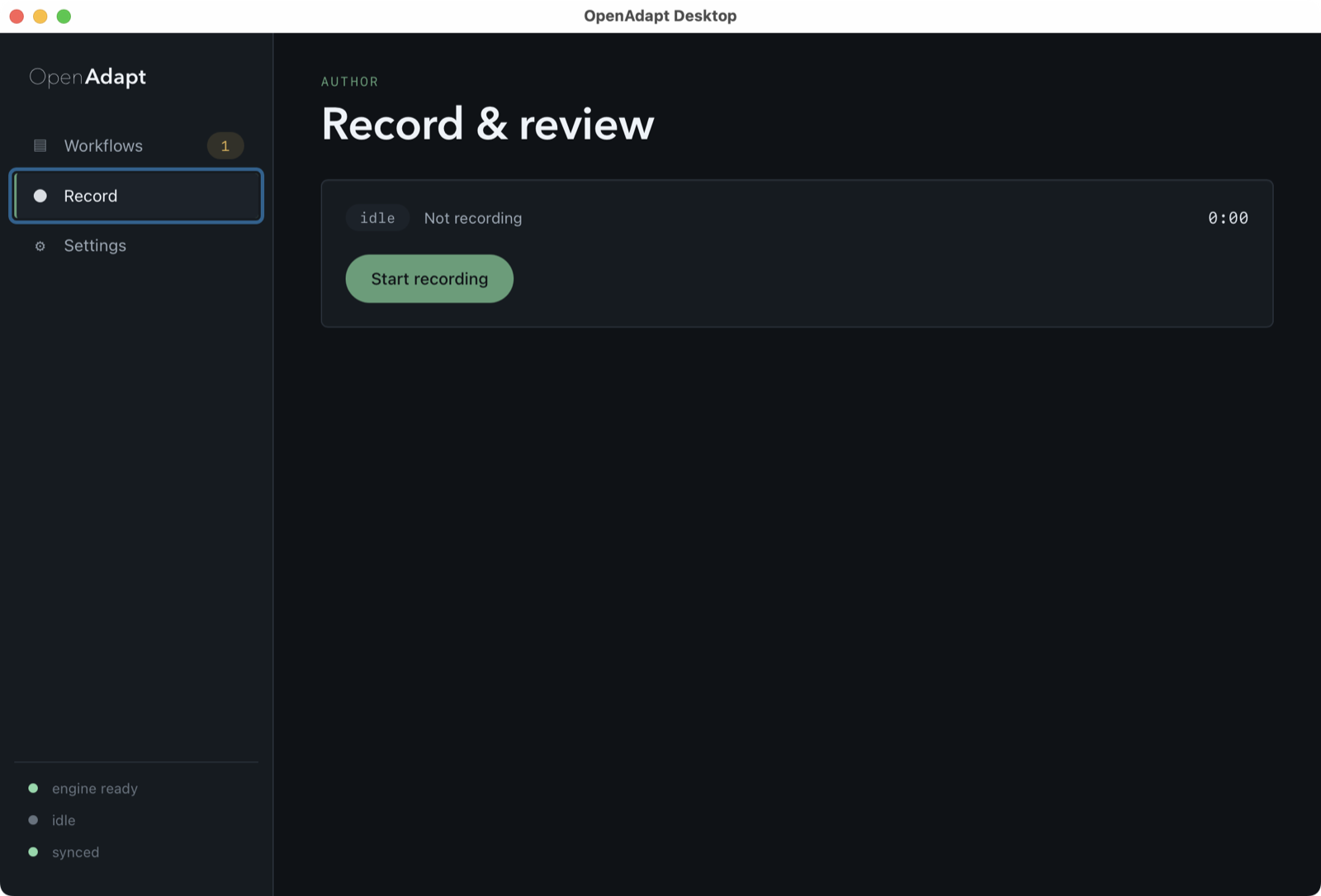 OpenAdapt Desktop record surface in its idle state, ready to capture a demonstration, with a Start recording button.