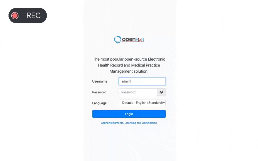 OpenAdapt's recorder capturing a real session in a live OpenEMR electronic health record: signing in and opening the patient workflow while every screen and input is captured.