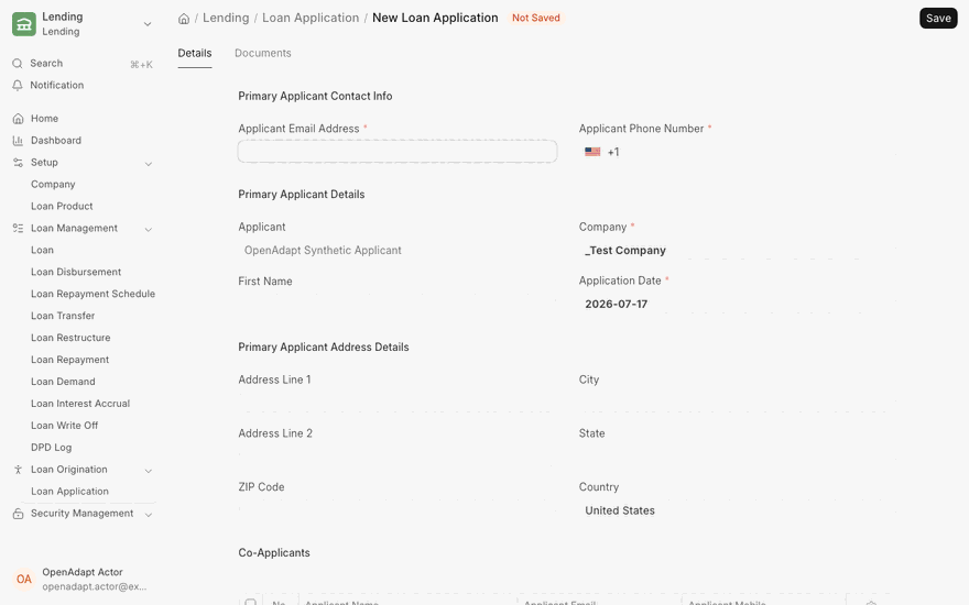 Captured Frappe Lending frames showing a synthetic loan application demonstration being completed and saved.