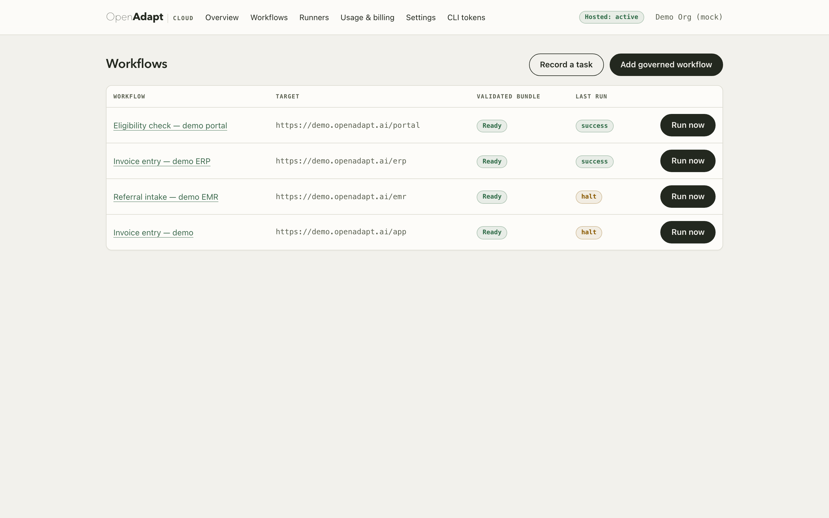 The OpenAdapt Cloud workflows dashboard at app.openadapt.ai: approved workflows, compiled bundle versions, and run history in the real hosted product.